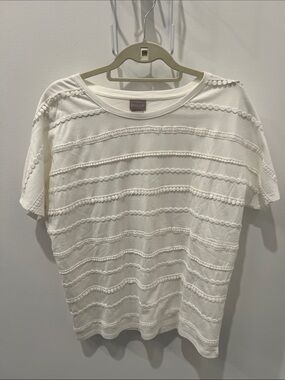 Chico's Cream Short-Sleeve Textured Stripe Knit Top